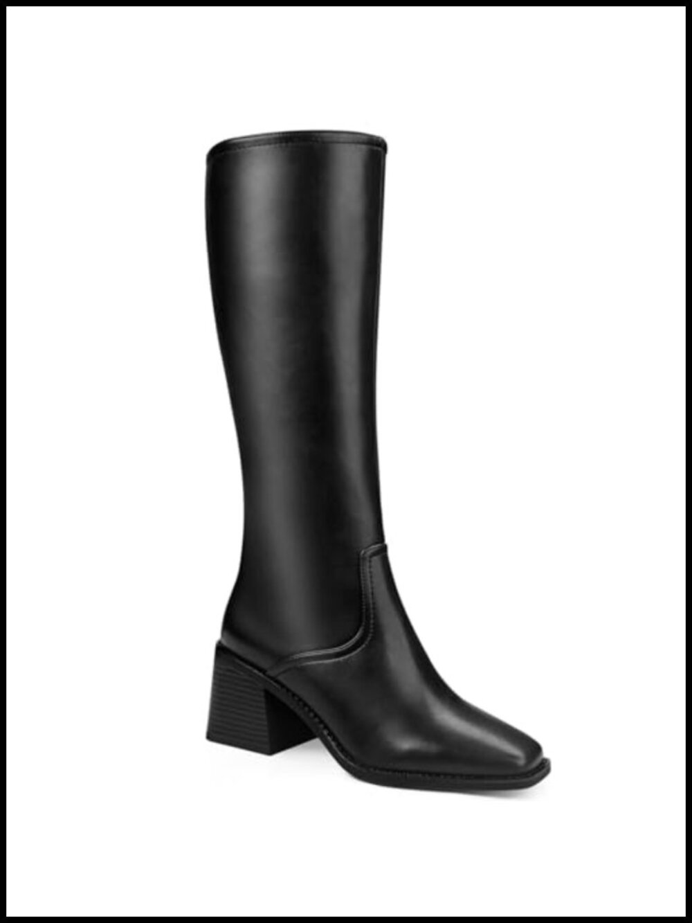 Knee High Faux Leather Boots Square Toe Chunky Block Heel Side Zipper